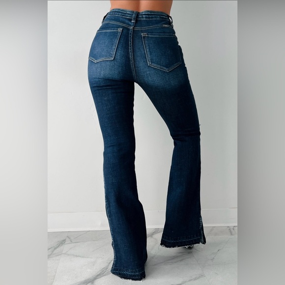 New KanCan Flare Jeans Dark Wash Side Slit High Rise Release Hem - Picture 5 of 6
